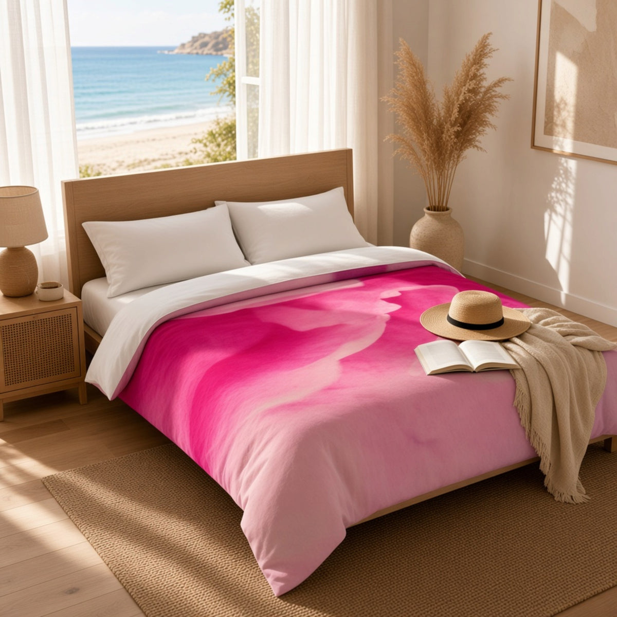 A bed dressed in a bright pink and magenta watercolor-style duvet cover, styled in a sunlit bedroom with white pillows, a wooden headboard, a bedside lamp, an open book, a straw hat, and a draped beige throw. A large window behind the bed shows a beach and ocean view.
