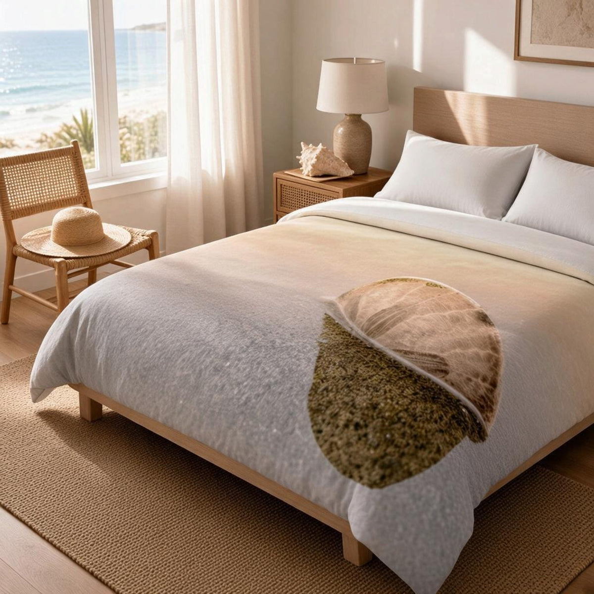 A beach-themed bedding set styled in a bright, modern bedroom. The set includes a duvet cover and pillowcases featuring a realistic print of a seashell and a textured seashore, shown on a light wood bed frame with white pillows.