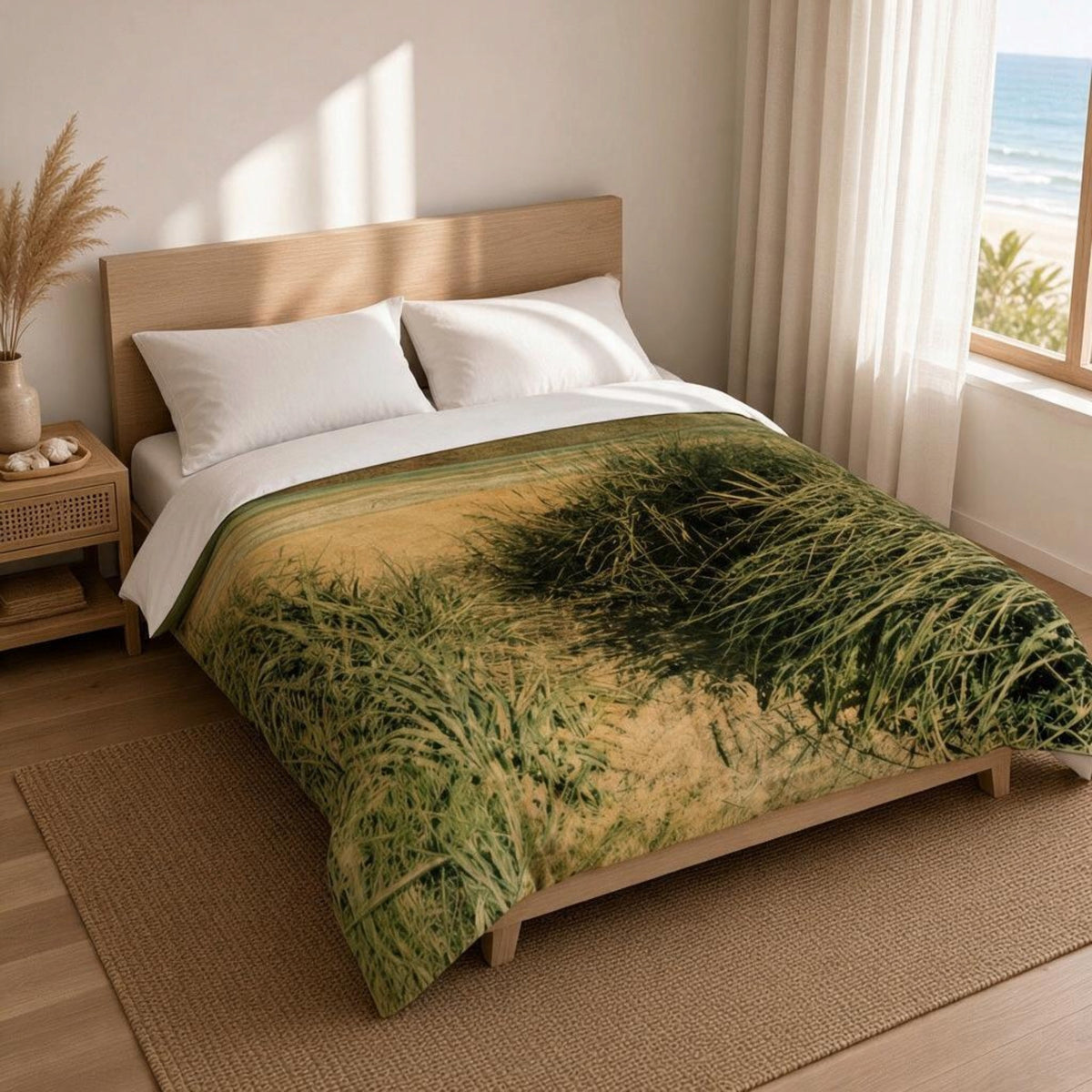 A bed dressed in a duvet cover featuring a realistic print of green grasses on a sandy beach, styled in a bright, modern bedroom with a wooden headboard, white pillows, and a window overlooking the ocean.