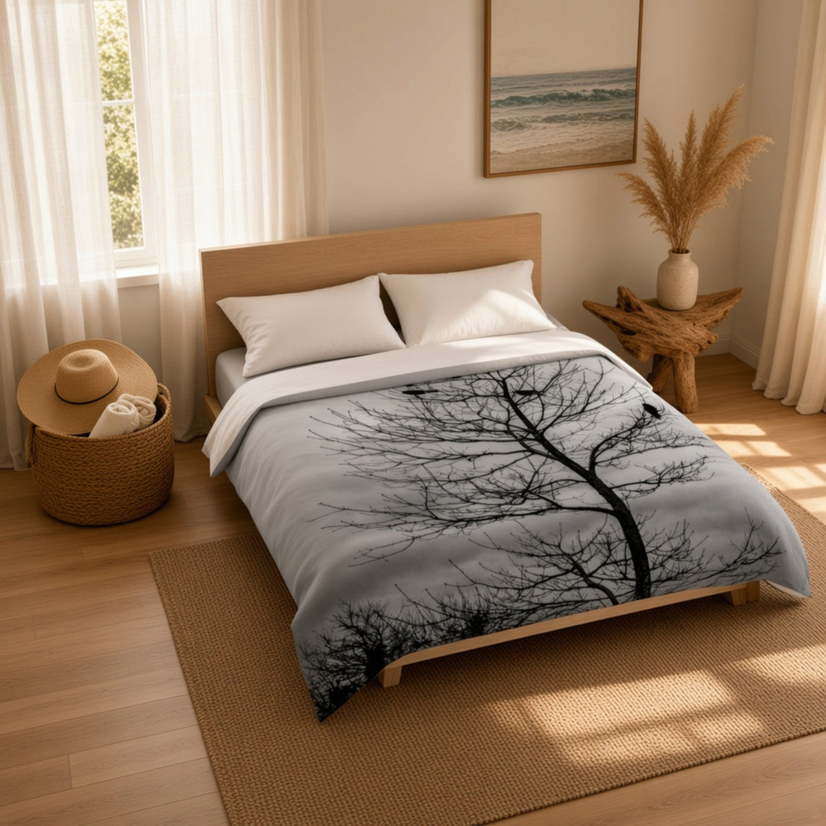 A bed dressed in a gray and black tree-branch print comforter or duvet with white pillows, styled in a warm, sunlit bedroom with wood flooring, a woven rug, and coastal wall art.