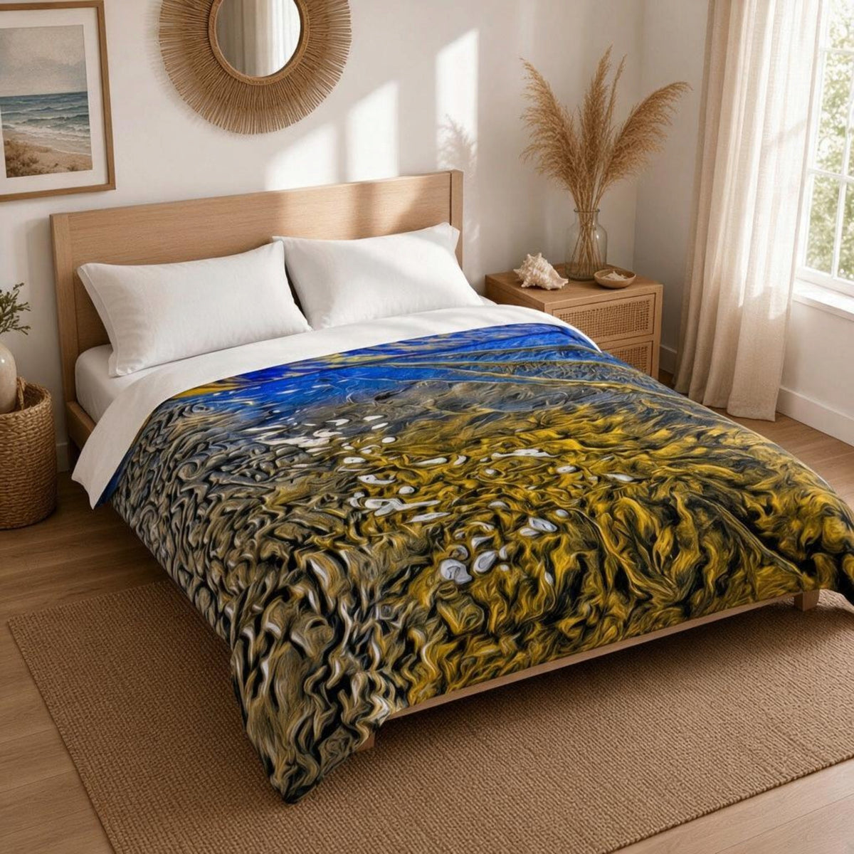 A bed dressed in a printed duvet cover featuring an impressionistic landscape scene with blue sky, yellow-green fields, and dark textured brushstrokes, styled in a warm neutral bedroom with a wooden headboard, white pillows, a nightstand, and natural light from a window.