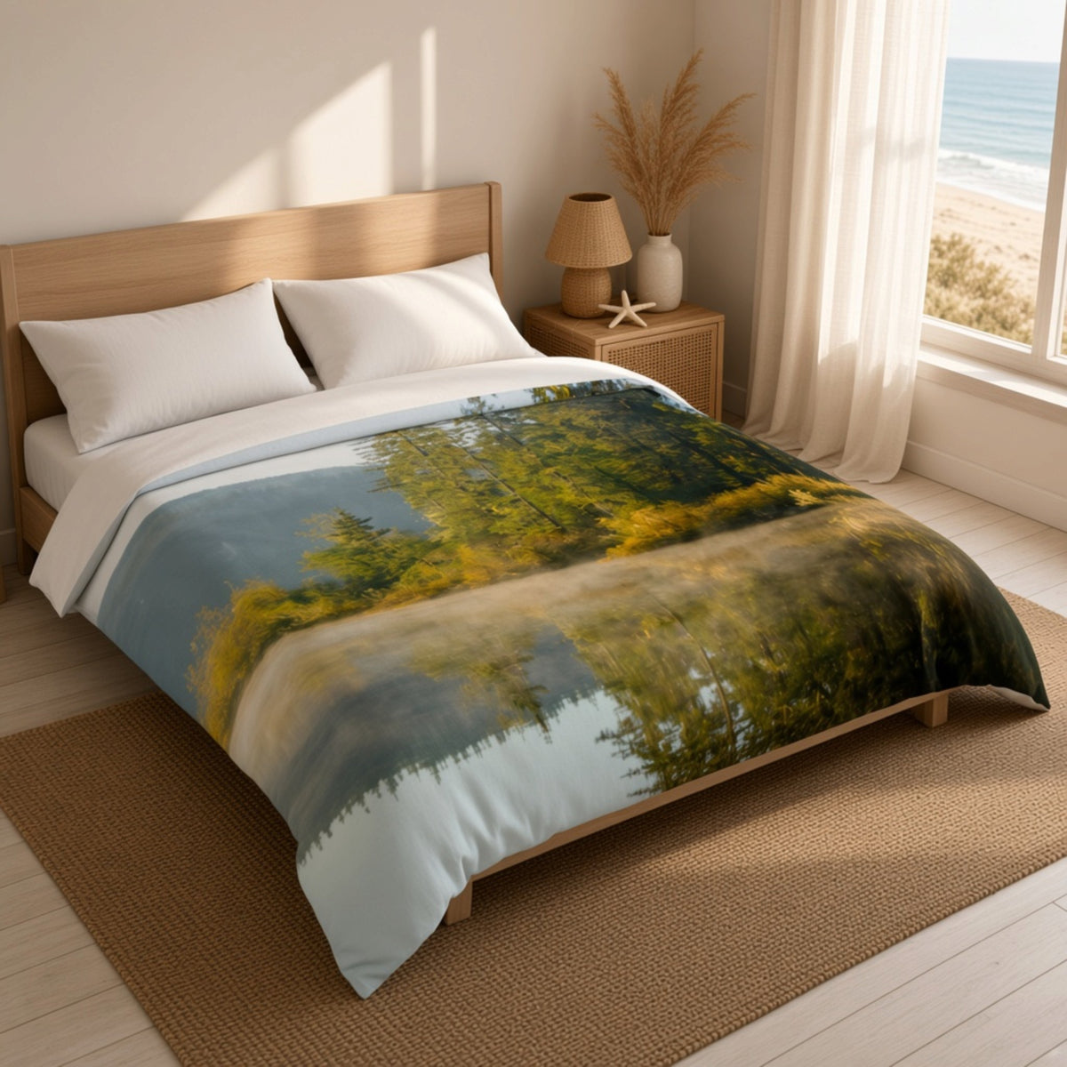 A bed dressed in a scenic landscape duvet cover featuring a misty forest and lake reflection, styled in a bright bedroom with a wooden headboard, bedside lamp, and a window looking out to the beach.