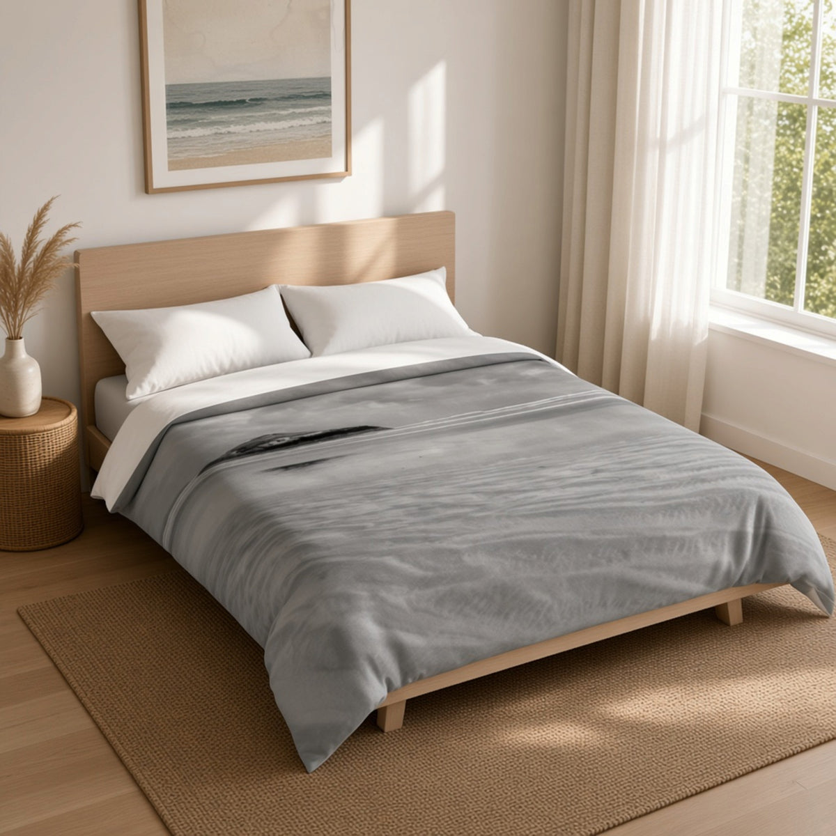 A neatly made bed in a bright bedroom, featuring a light gray textured duvet cover and white pillows, set against a beige wood headboard and a woven rug.