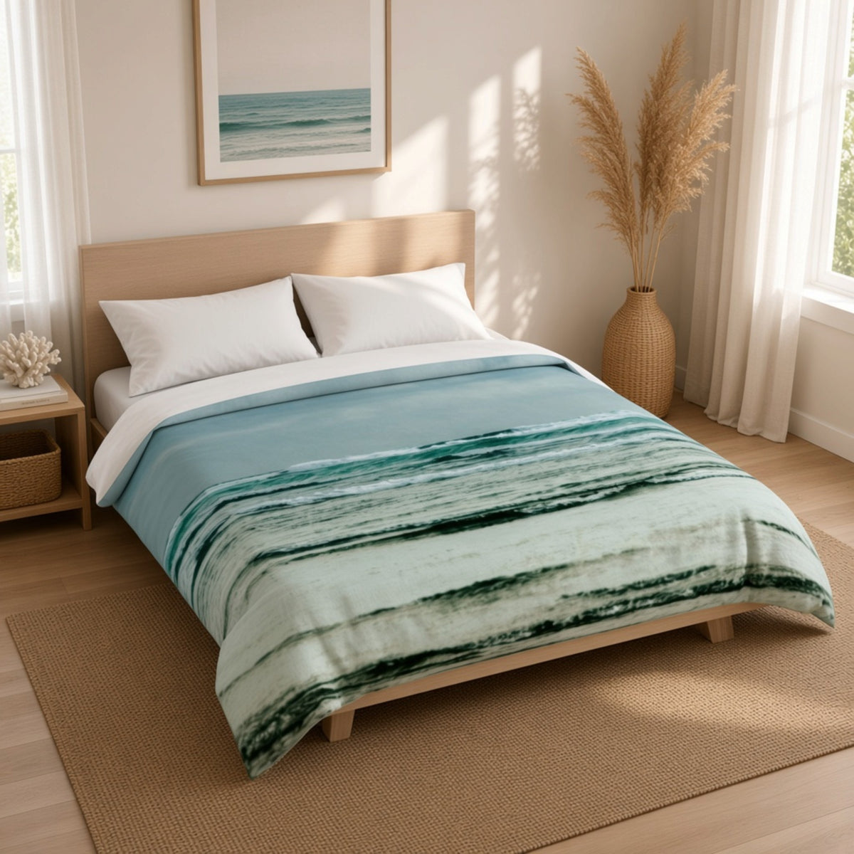 A light wood bed frame dressed with white pillows and a blue-green watercolor-style blanket in a bright, sunlit bedroom.