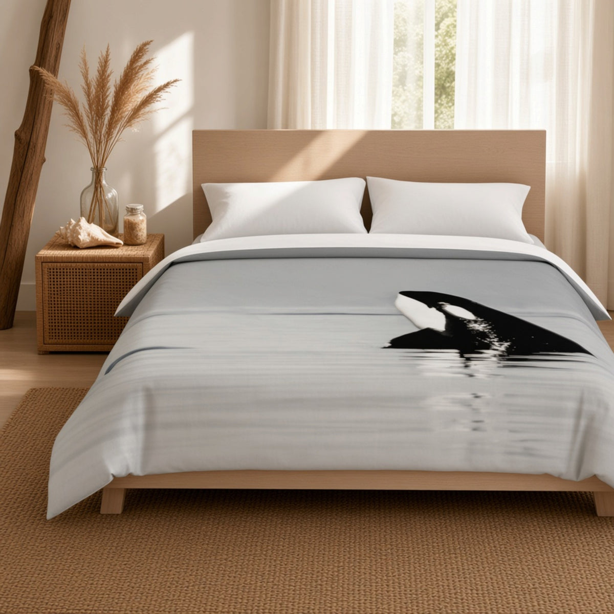 A bed dressed in a light gray duvet cover featuring a black-and-white orca whale print, styled in a warm neutral bedroom with a wooden headboard, woven nightstand, and pampas grass.