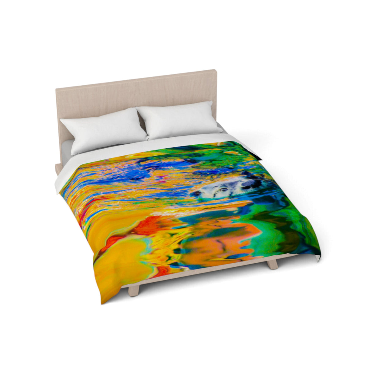 A bed with a colorful abstract print comforter and two white pillows, shown on a light wood bed frame against a plain white background.