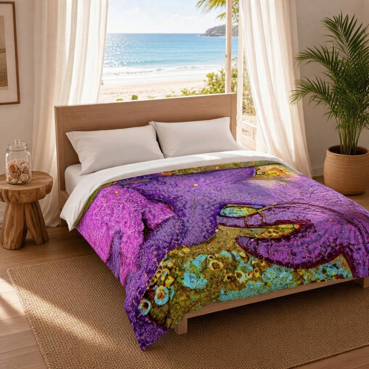 A bed dressed in a colorful abstract-patterned comforter set, styled in a bright bedroom with a large window overlooking the ocean, a potted palm, and a wooden side table.