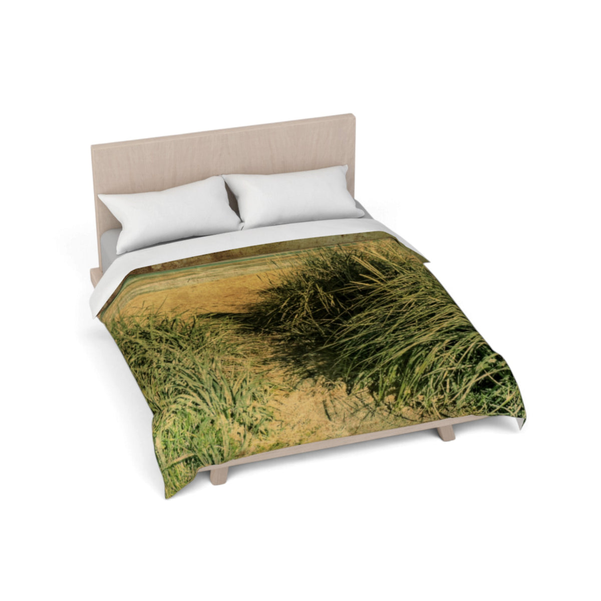 A bed with a light wood headboard and matching footboard, dressed with white pillows and a duvet cover printed with a textured green and yellow grassy scene, shown on a plain white background.