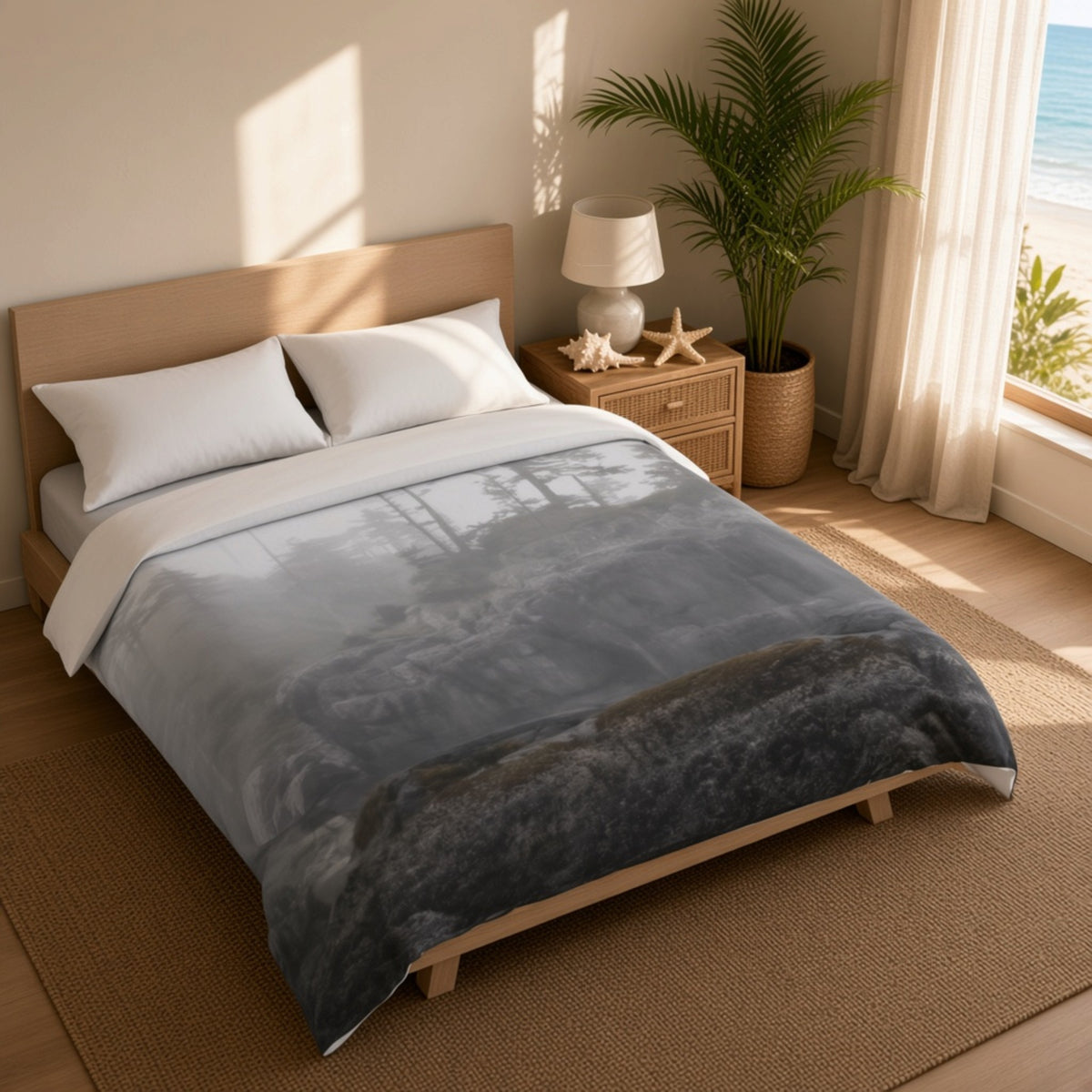 A bed dressed in a gray and black forest-patterned duvet cover with white pillows, styled in a bright, modern bedroom with a wooden headboard, bedside table, lamp, and a potted palm near a window.