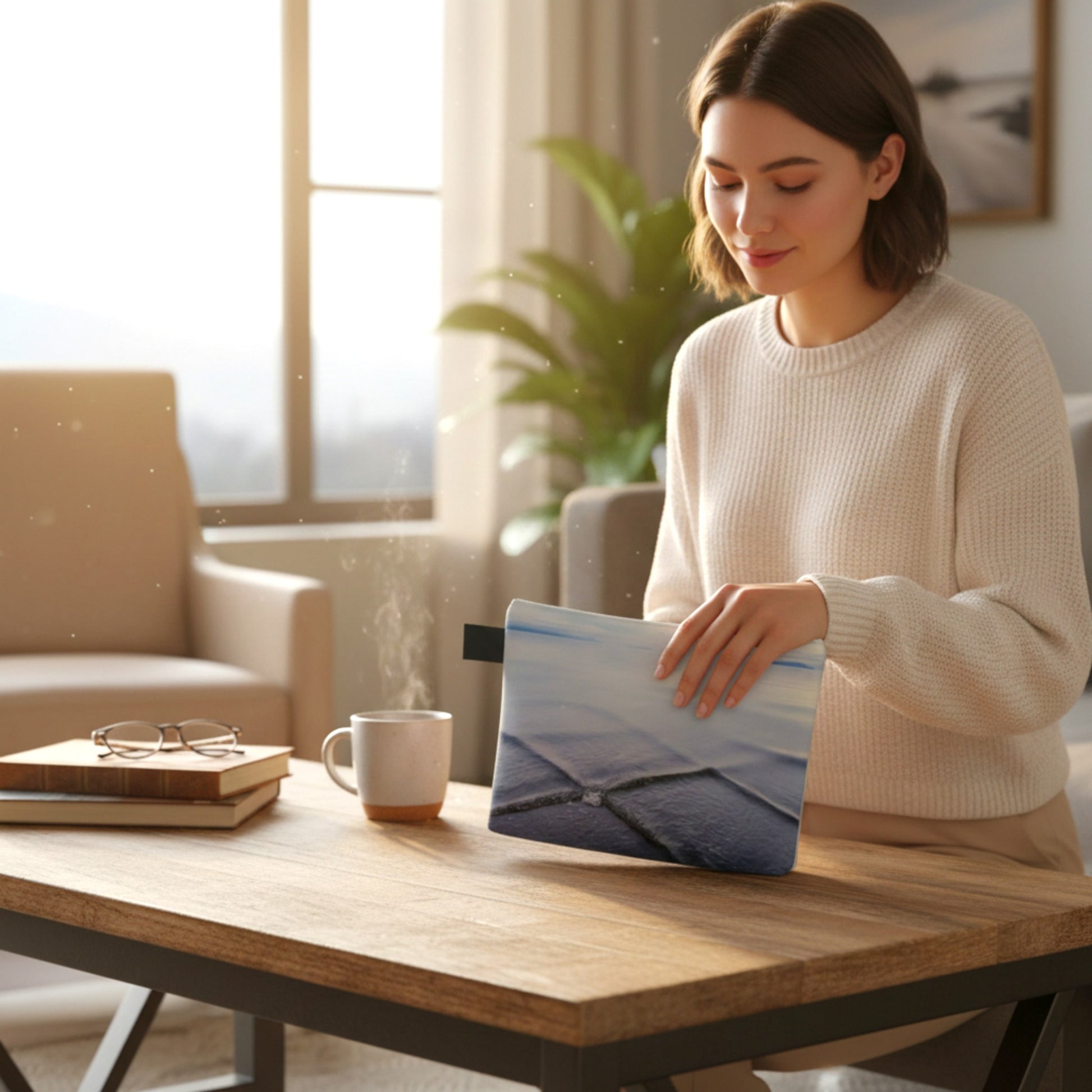Woman sitting at a table with a tablet and a cup, in a cozy living room setting.