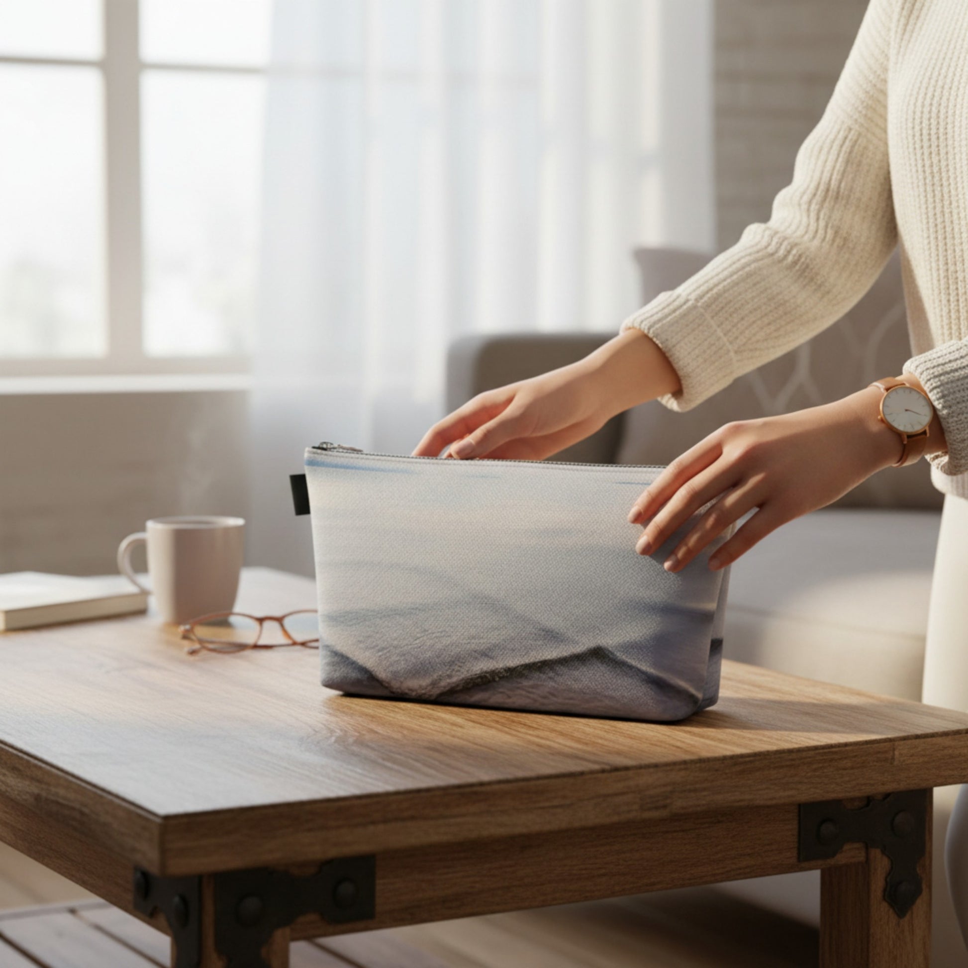 Person packing a makeup bag with items on a wooden table.