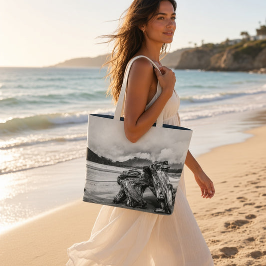 A woman in a white dress walks along a sandy beach carrying a large tote bag printed with a black-and-white photograph of driftwood on the water.