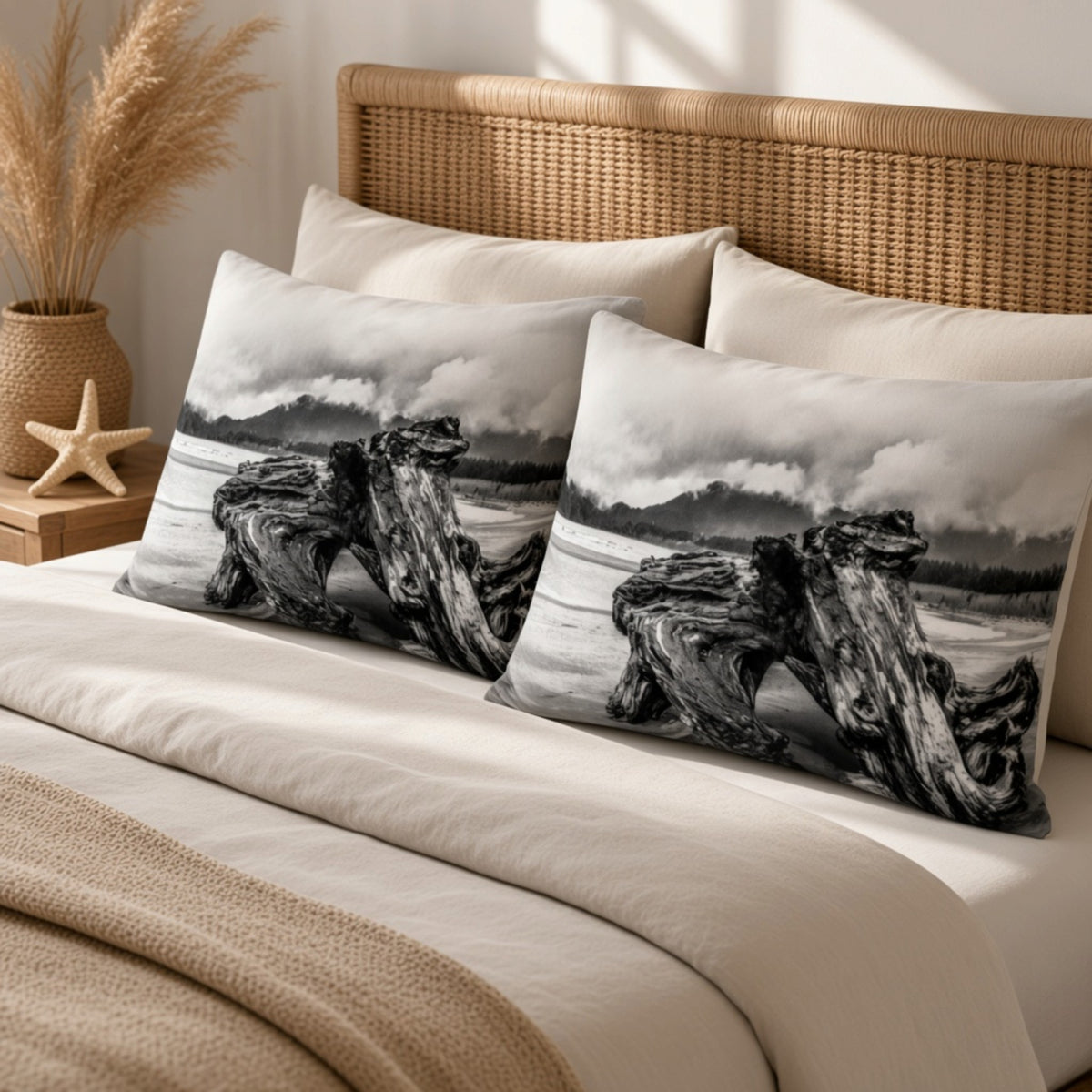 Two rectangular decorative pillows with a black-and-white driftwood shoreline print, styled on a bed with white bedding and a woven rattan headboard in a warm neutral bedroom setting.