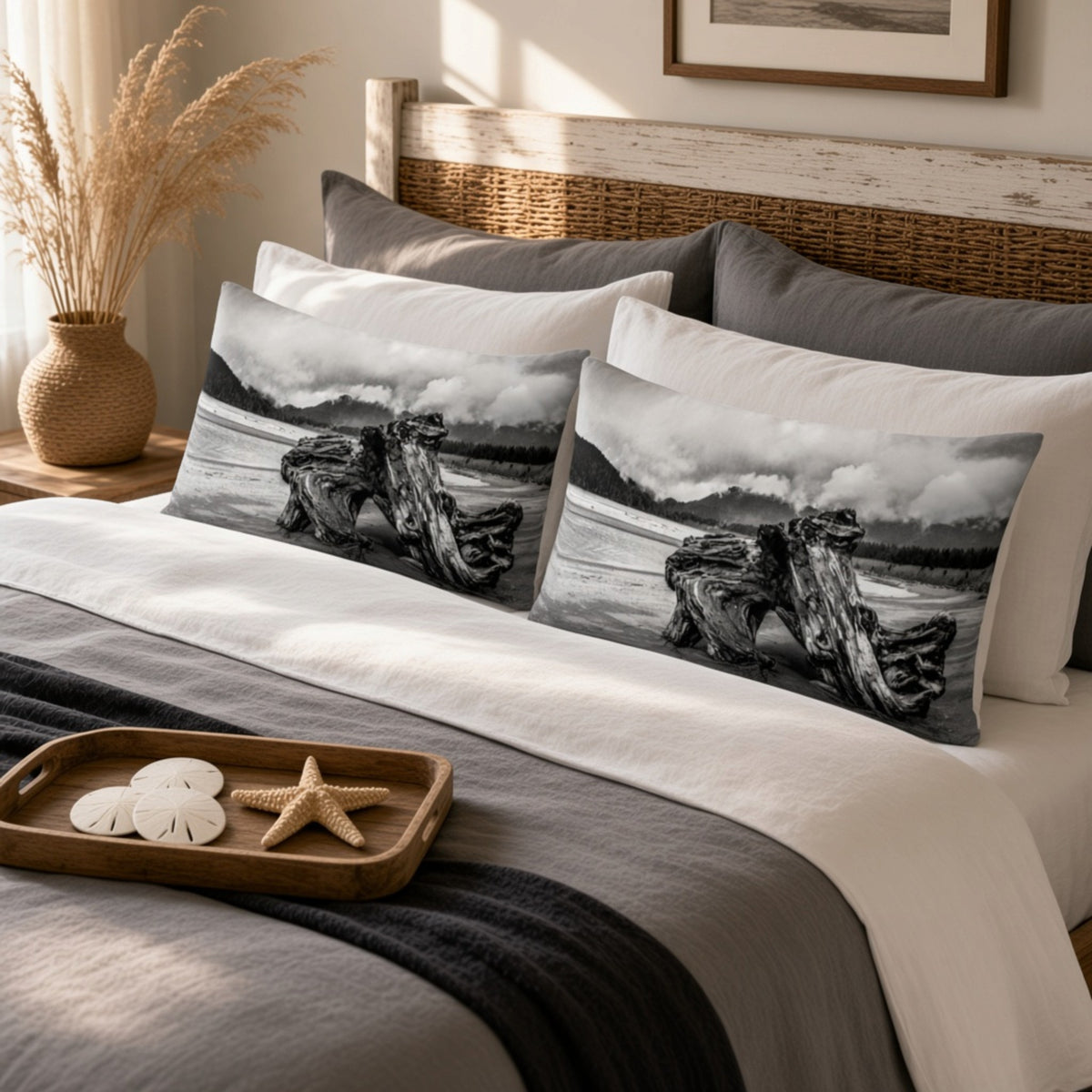 Two rectangular decorative pillows with a black-and-white driftwood beach print, styled on a bed with white and gray bedding in a warm, sunlit bedroom.