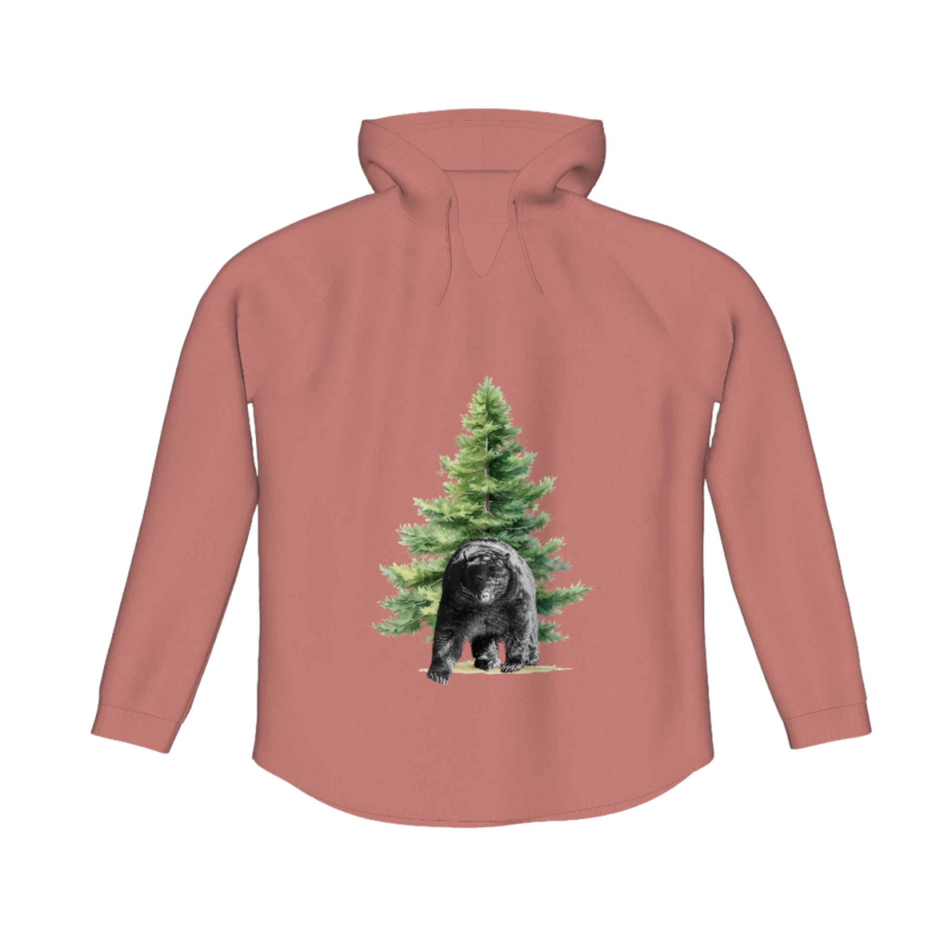 Observant Bear Flow Pullover Hoodie. The image is of a bear standing in front of a tree.