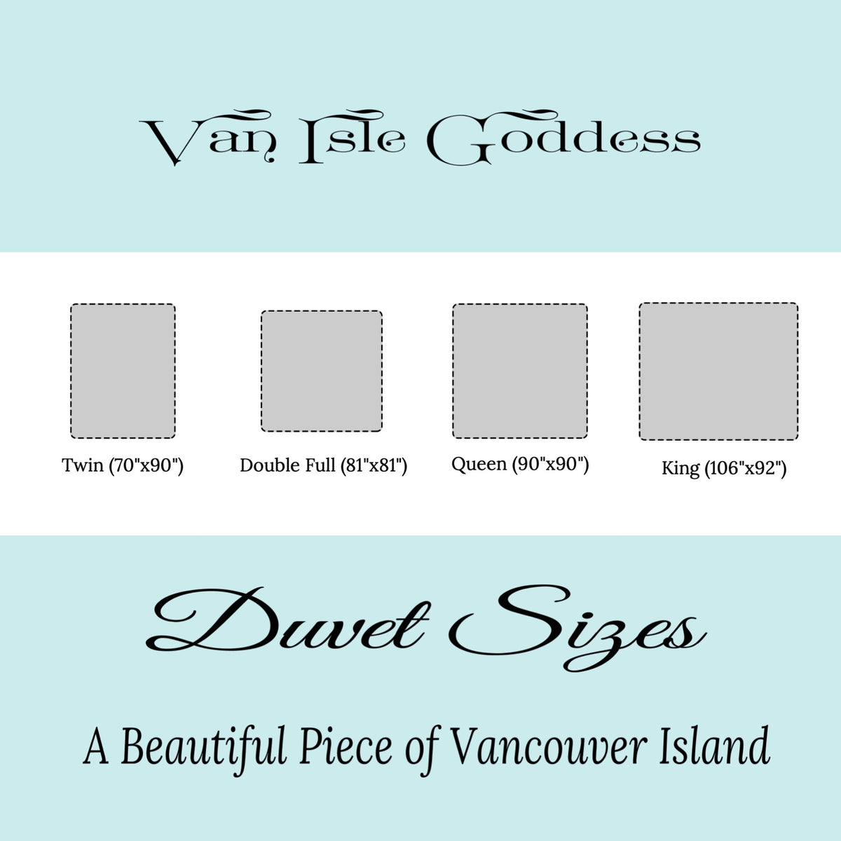 A size chart graphic for a duvet cover by Van Isle Goddess, showing four bedding sizes (Twin, Double Full, Queen, and King) with their dimensions in inches on a white background with light blue borders.