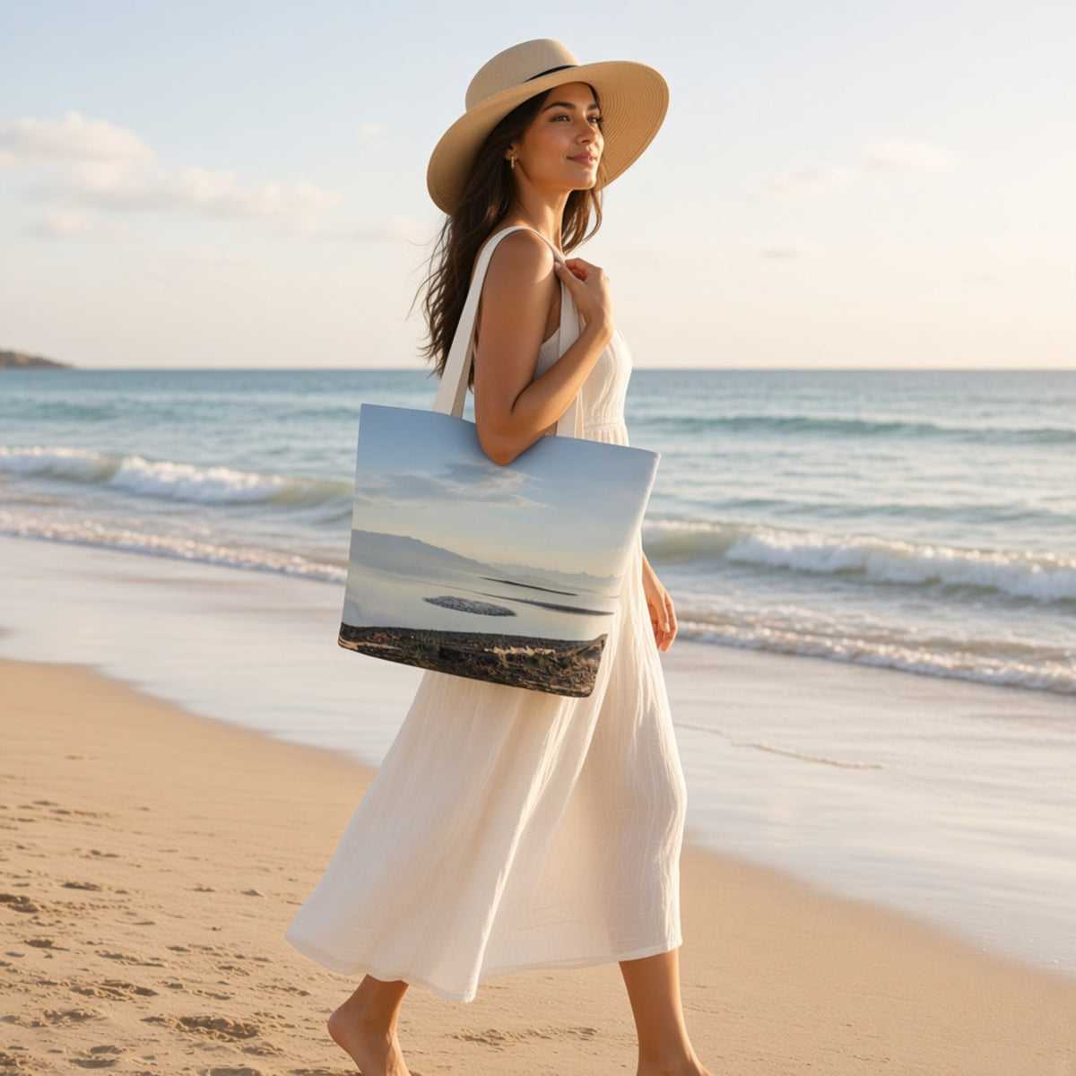 A woman in a white dress and wide-brim straw hat walks along a sandy beach holding a large tote bag printed with a seascape scene. The ocean, sky, and shoreline are visible in the background.