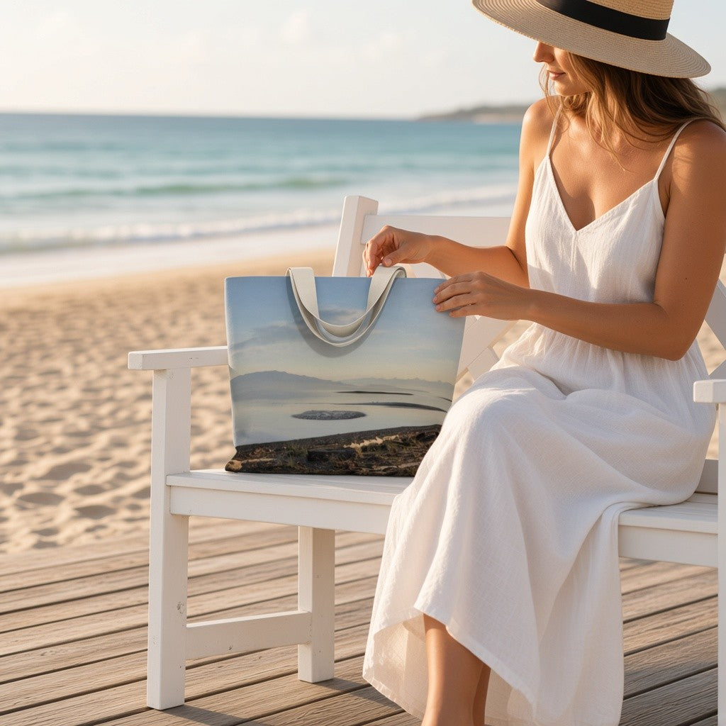 A woman in a white dress and straw hat sits on a white beach chair on a wooden boardwalk by the ocean, holding a large tote bag printed with a scenic landscape image.