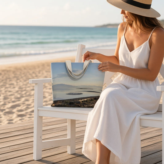 A woman in a white dress and straw hat sits on a white beach chair on a wooden boardwalk by the ocean, holding a large tote bag printed with a scenic landscape image.