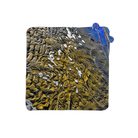 Abstract art piece with swirling colors on a white background