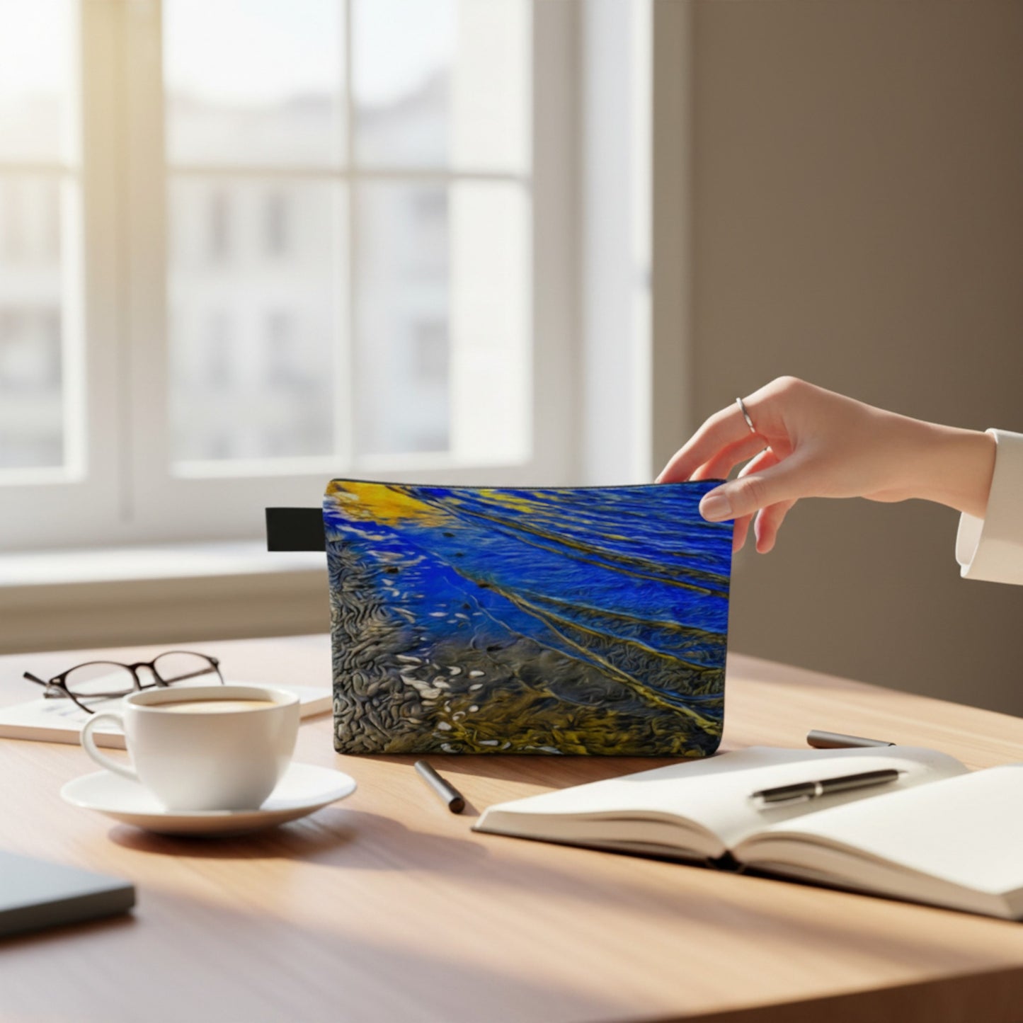 Hand holding a pouch with a blue and yellow abstract design on a desk with a cup, notebook, and glasses.