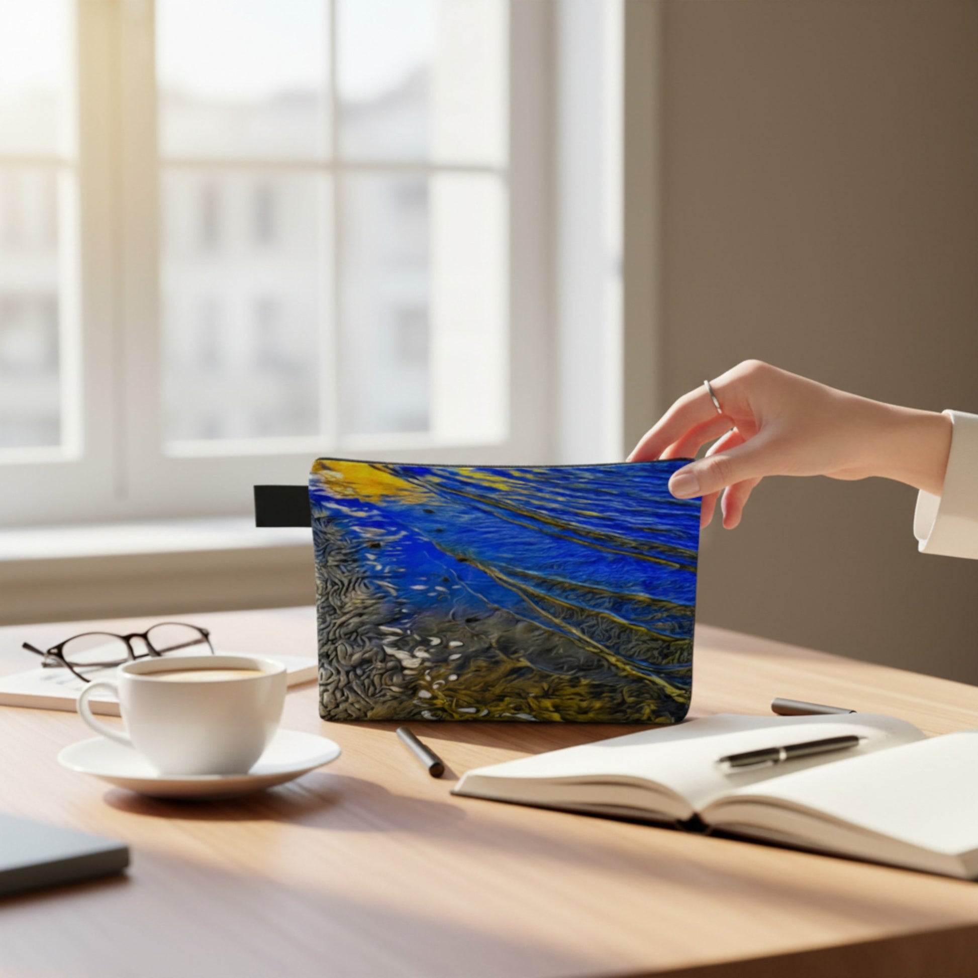 Hand holding a pouch with a blue and yellow abstract design on a desk with a cup, notebook, and glasses.
