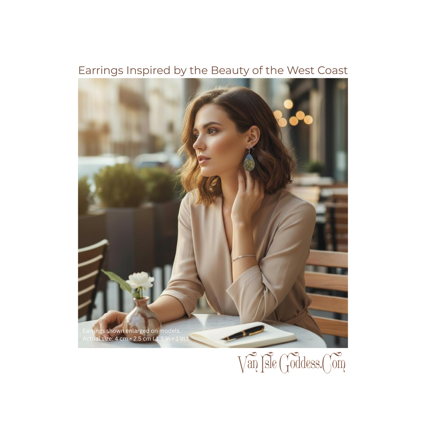 Woman sitting outdoors wearing earrings with text about West Coast beauty and Van Isle Goddess brand.