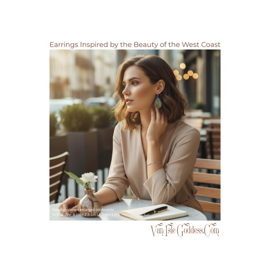 Woman sitting outdoors wearing earrings with text about West Coast beauty and Van Isle Goddess brand.