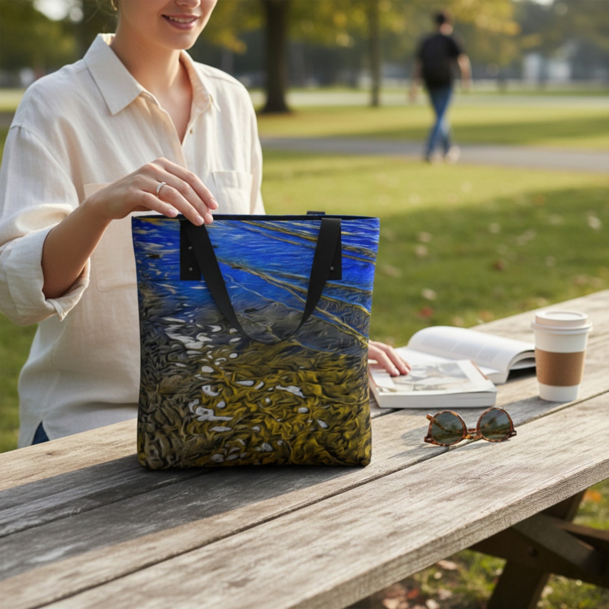 Person holding a colorful tote bag at a park table with a coffee cup and sunglasses.