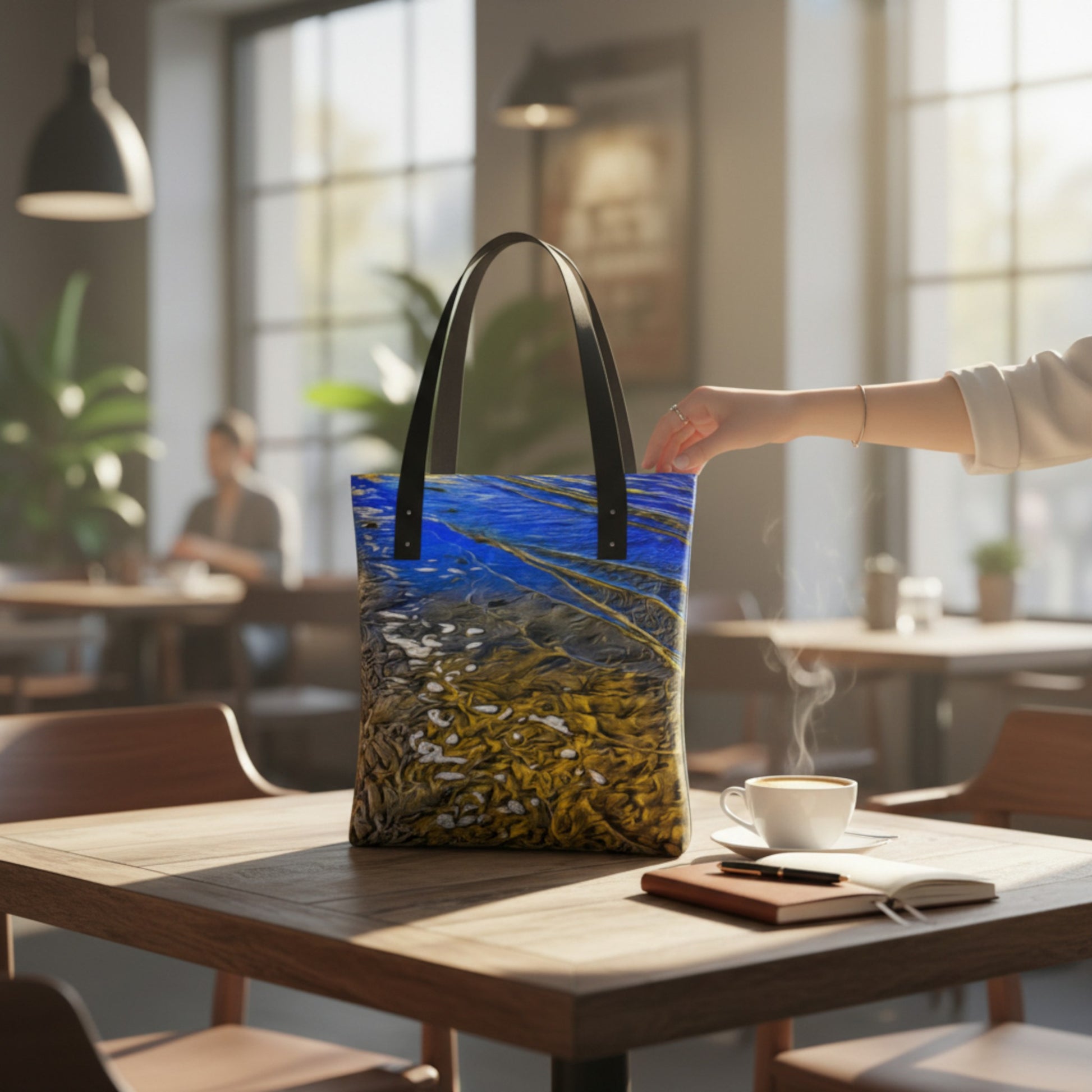 Tote bag with a scenic design on a table in a cafe setting