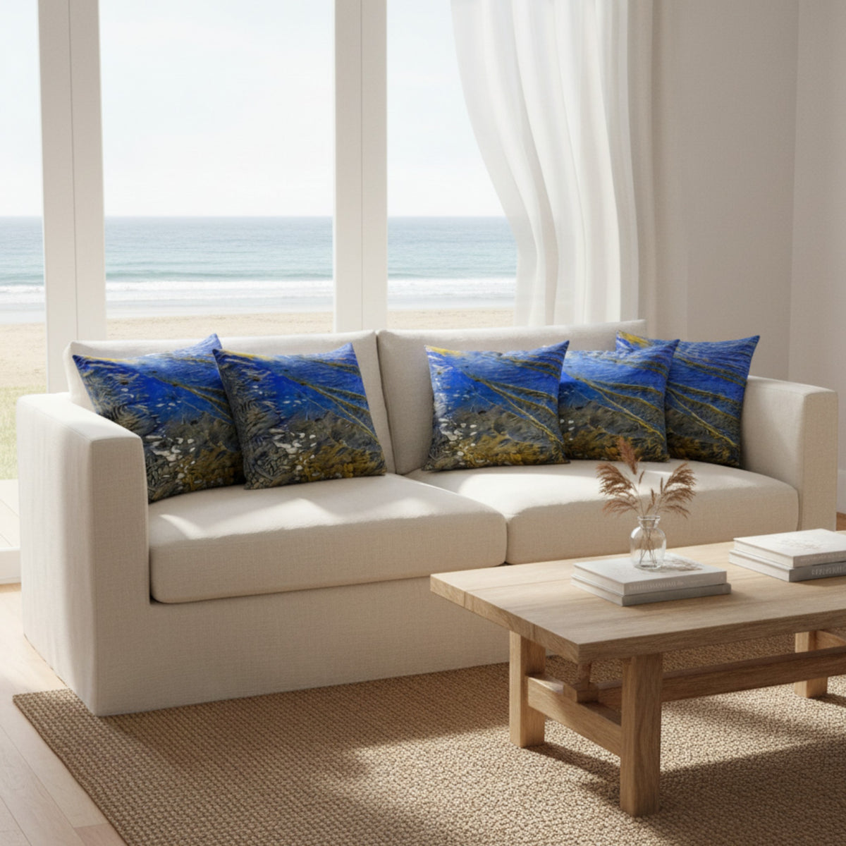A cream-colored fabric sofa in a bright, modern living room setting with a wooden coffee table and a large window overlooking the ocean. The sofa is styled with four decorative throw pillows featuring a textured blue and yellow abstract landscape pattern.