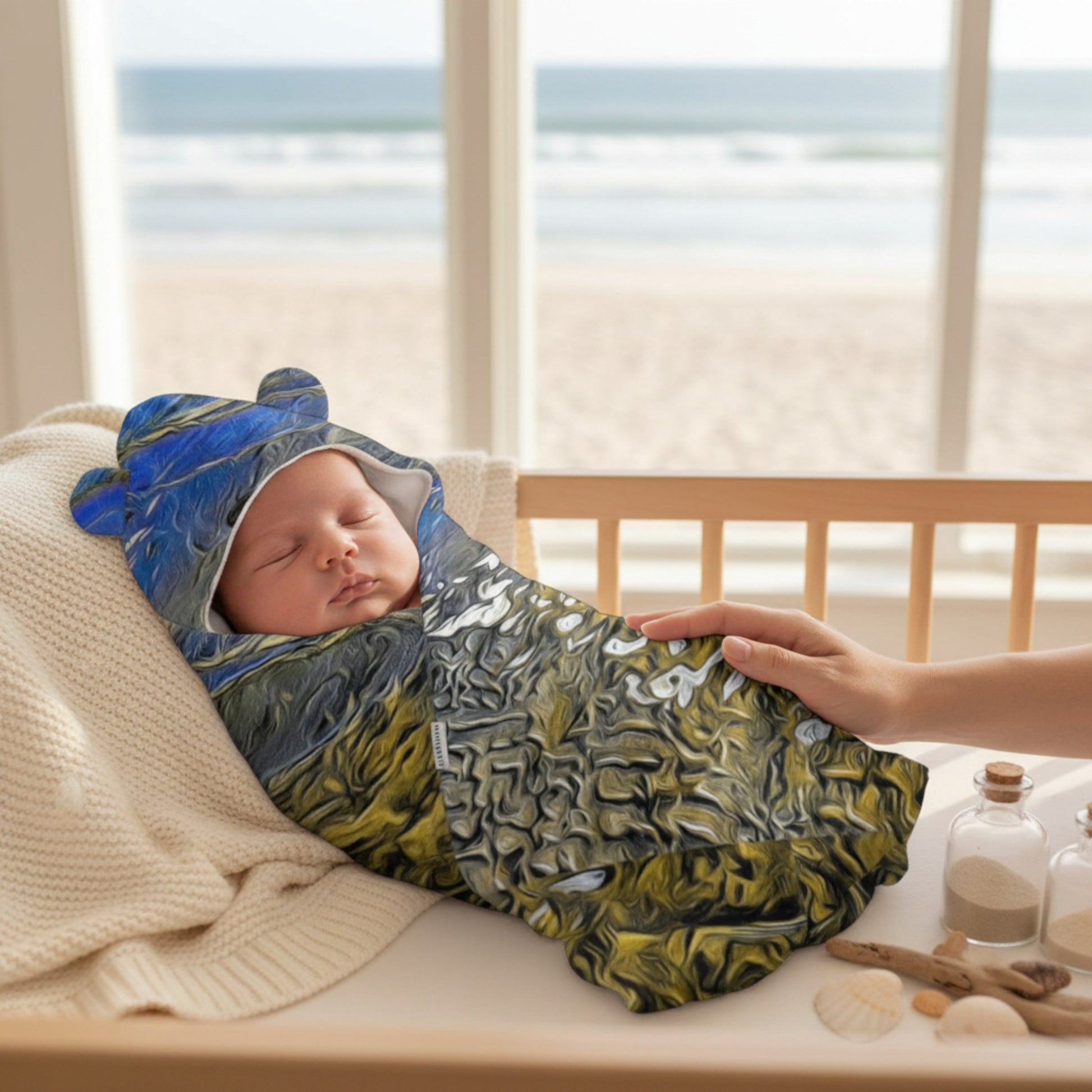 Baby swaddled in a patterned blanket with a blue hood, lying on a wooden surface with a beach view in the background.