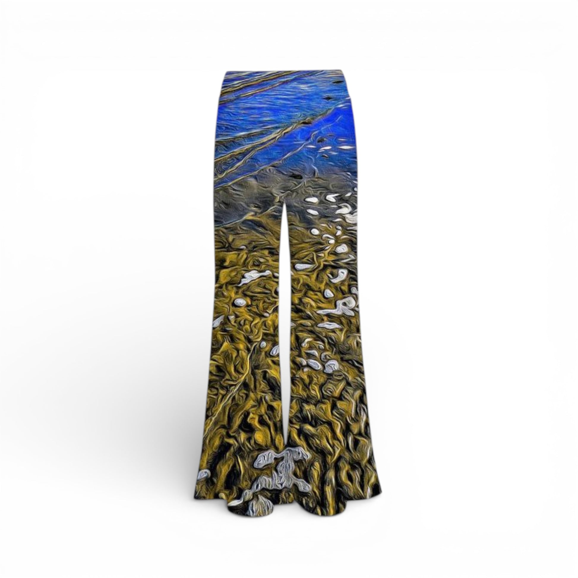 Flared pants with a nature-themed design on a white background