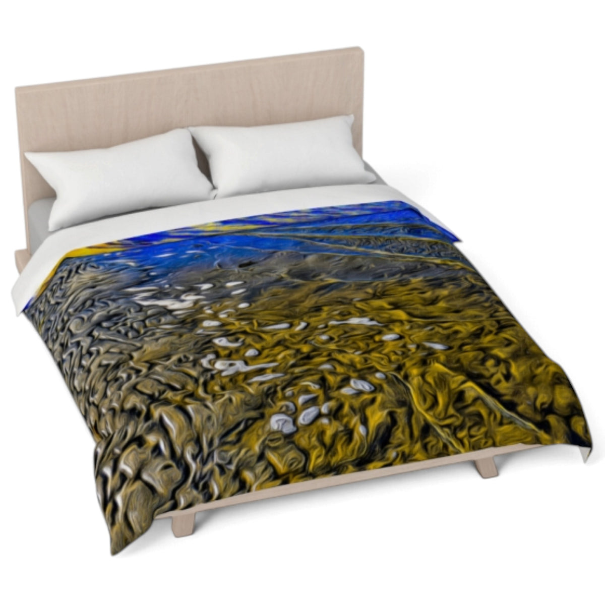 A bed dressed with a duvet cover featuring an abstract landscape print in blue, yellow, black, and white, styled with two white pillows and a light wood headboard on a white background.