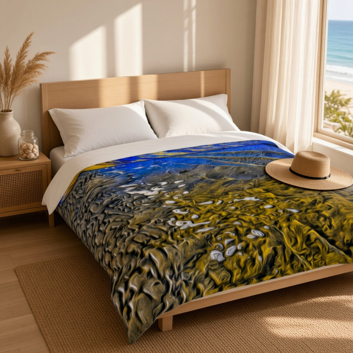 A bed dressed in a colorful abstract print duvet cover, styled in a bright bedroom with white pillows, a wooden headboard, a straw hat, and a window overlooking the ocean.