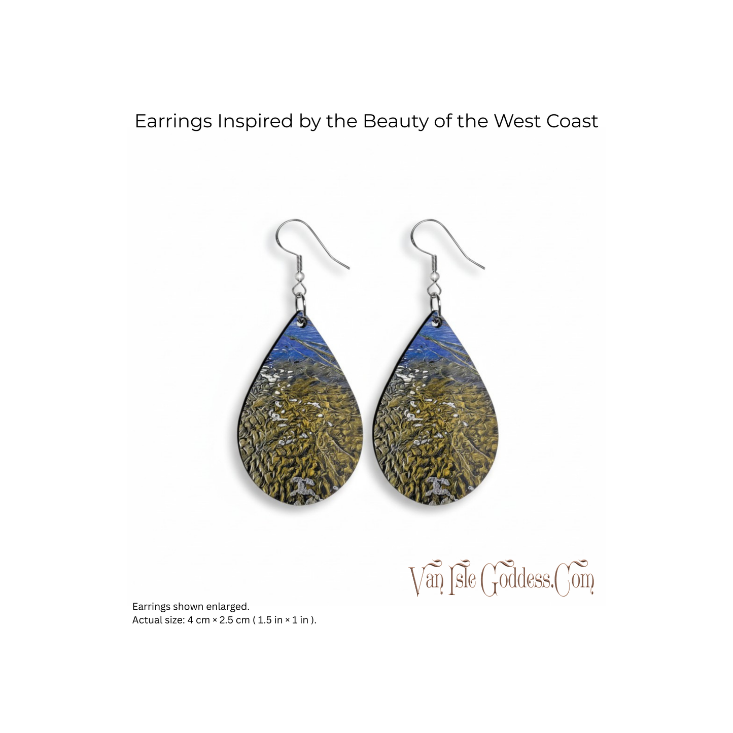 Teardrop-shaped earrings inspired by the beauty of the West Coast, displayed on a white background with 'Van Isle Goddess' branding.