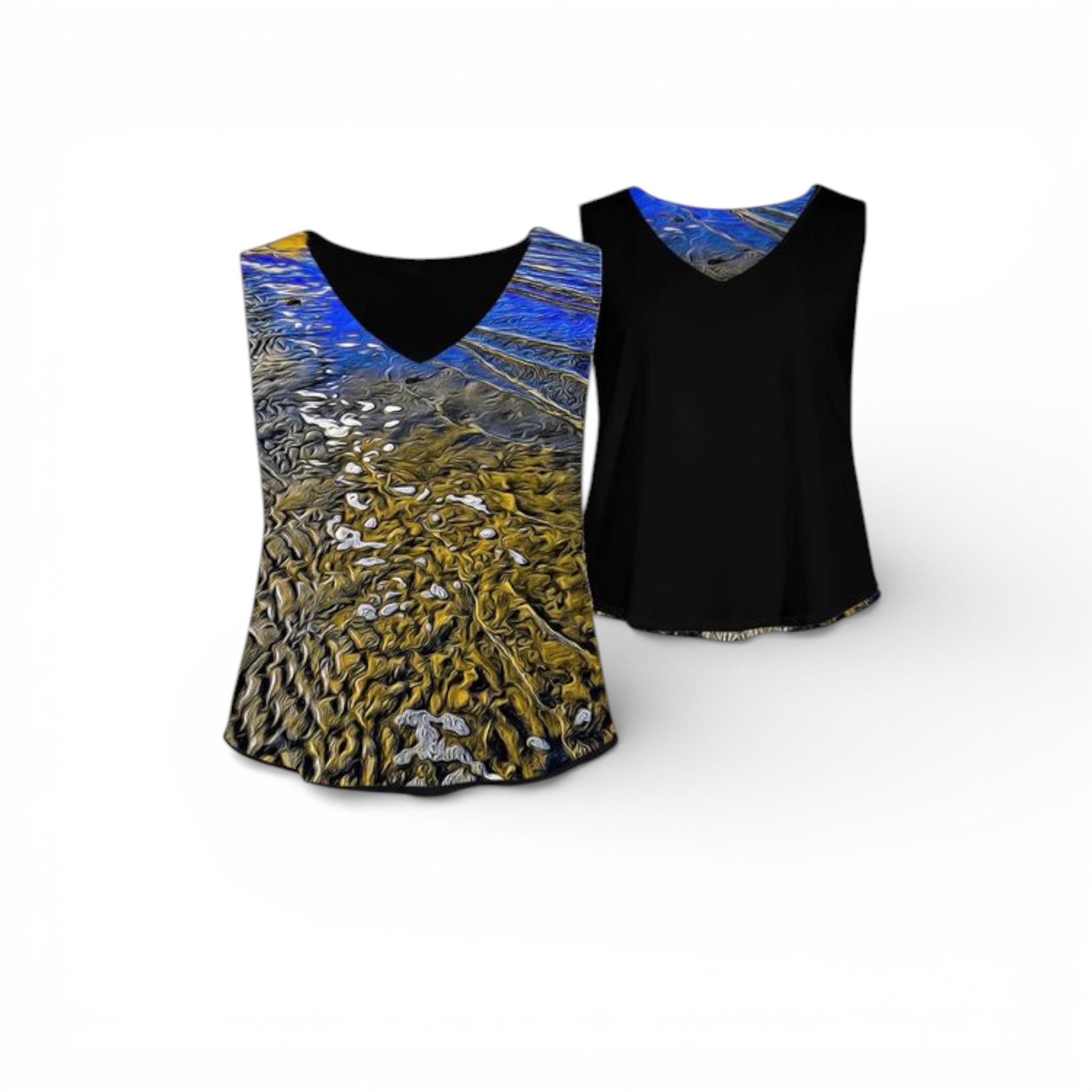 Two tank tops, one with a nature-themed design and the other black, on a white background.