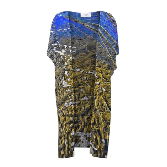 All over print short sleeve kimono wrap featuring a image of the beach at low tide with the sky and sun reflecting in the ripples of the water as it crosses the sand.