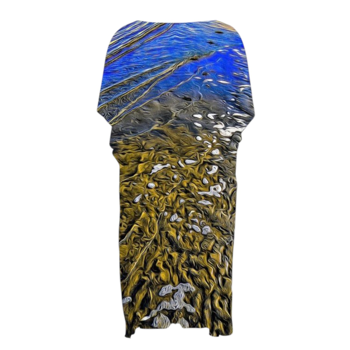 Reverse side All over print short sleeve kimono wrap featuring a image of the beach at low tide with the sky and sun reflecting in the ripples of the water as it crosses the sand.