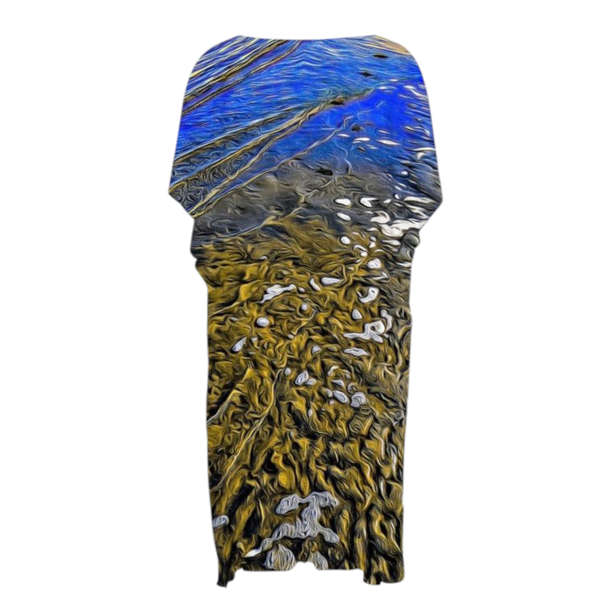 Reverse side All over print short sleeve kimono wrap featuring a image of the beach at low tide with the sky and sun reflecting in the ripples of the water as it crosses the sand.