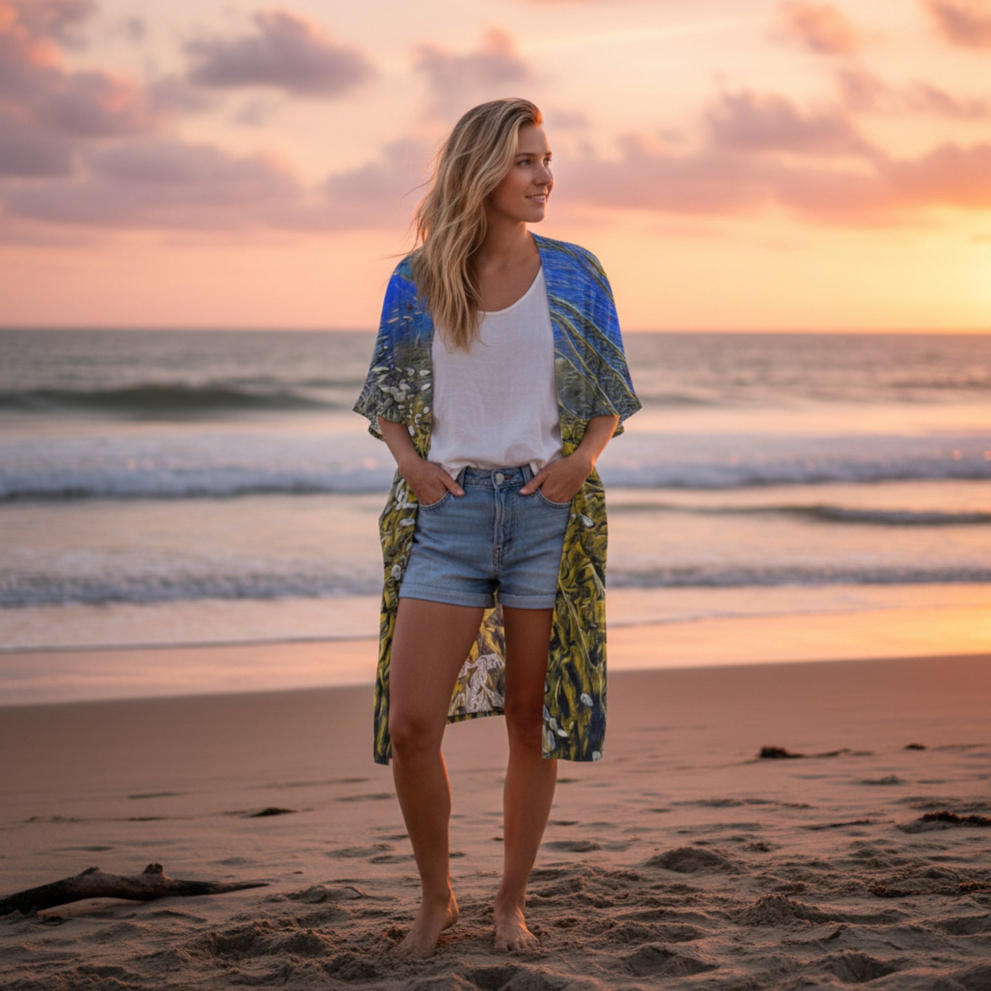 Woman standing on a beach at sunset wearing a floral kimono and denim shorts.