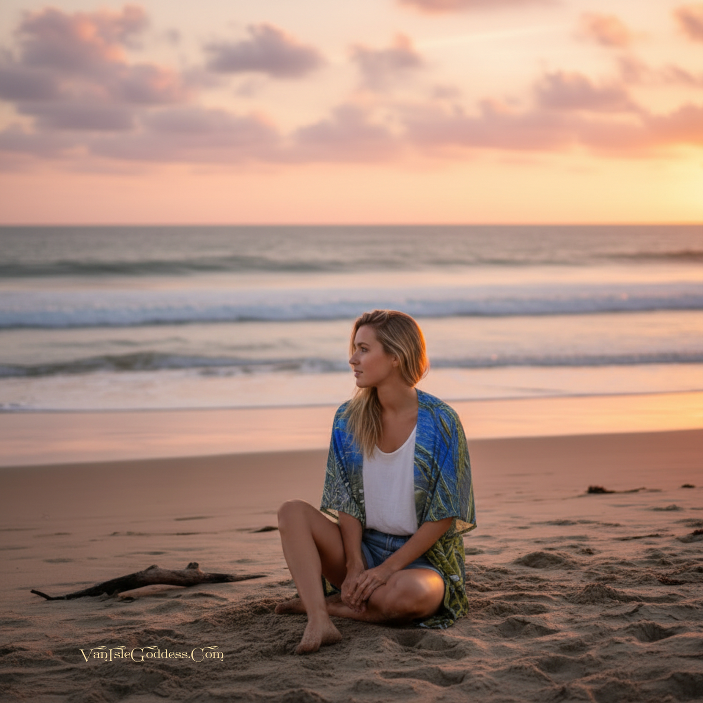 Woman sitting on a beach at sunset with a colorful sky.