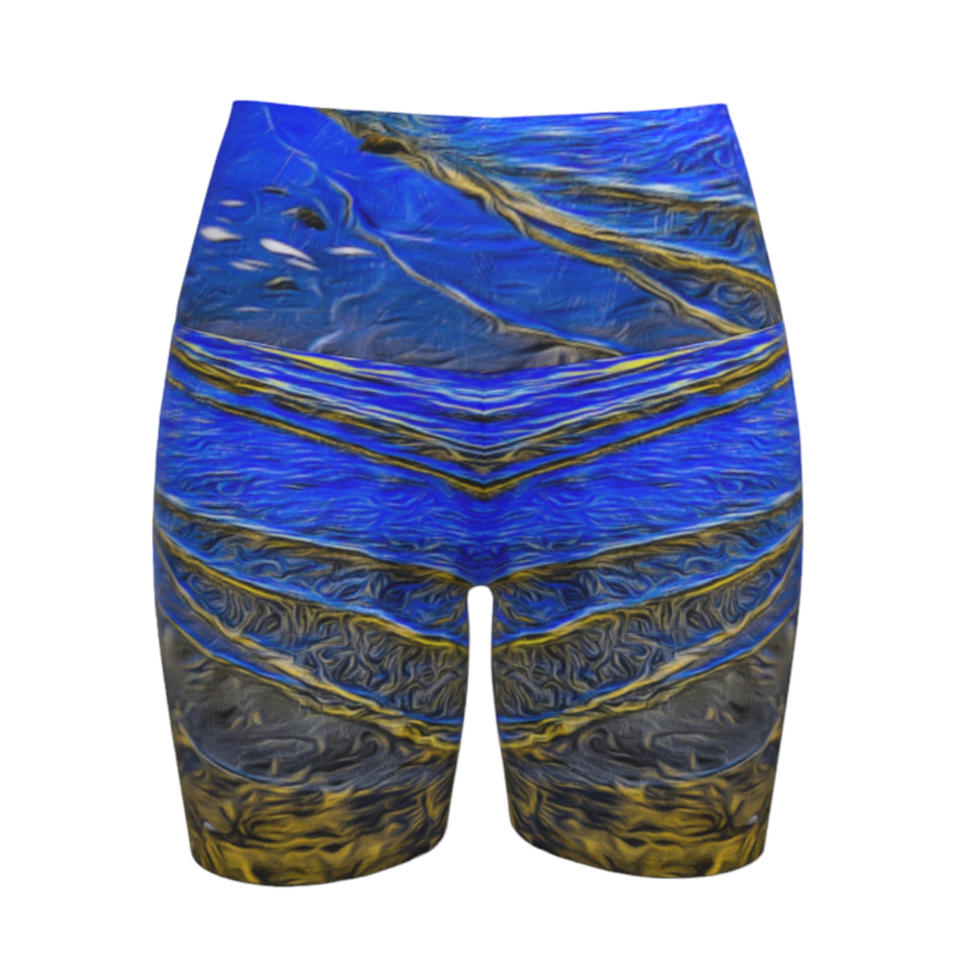 Ebb and Flow All over print yoga shorts.  The shorts feature a image of the ocean water at low tide on Parksville Beach.  the blue sky and the sun is reflecting on the water as the waves gently ripple across the sand.  A painterly effect was added to create a artistic effect.