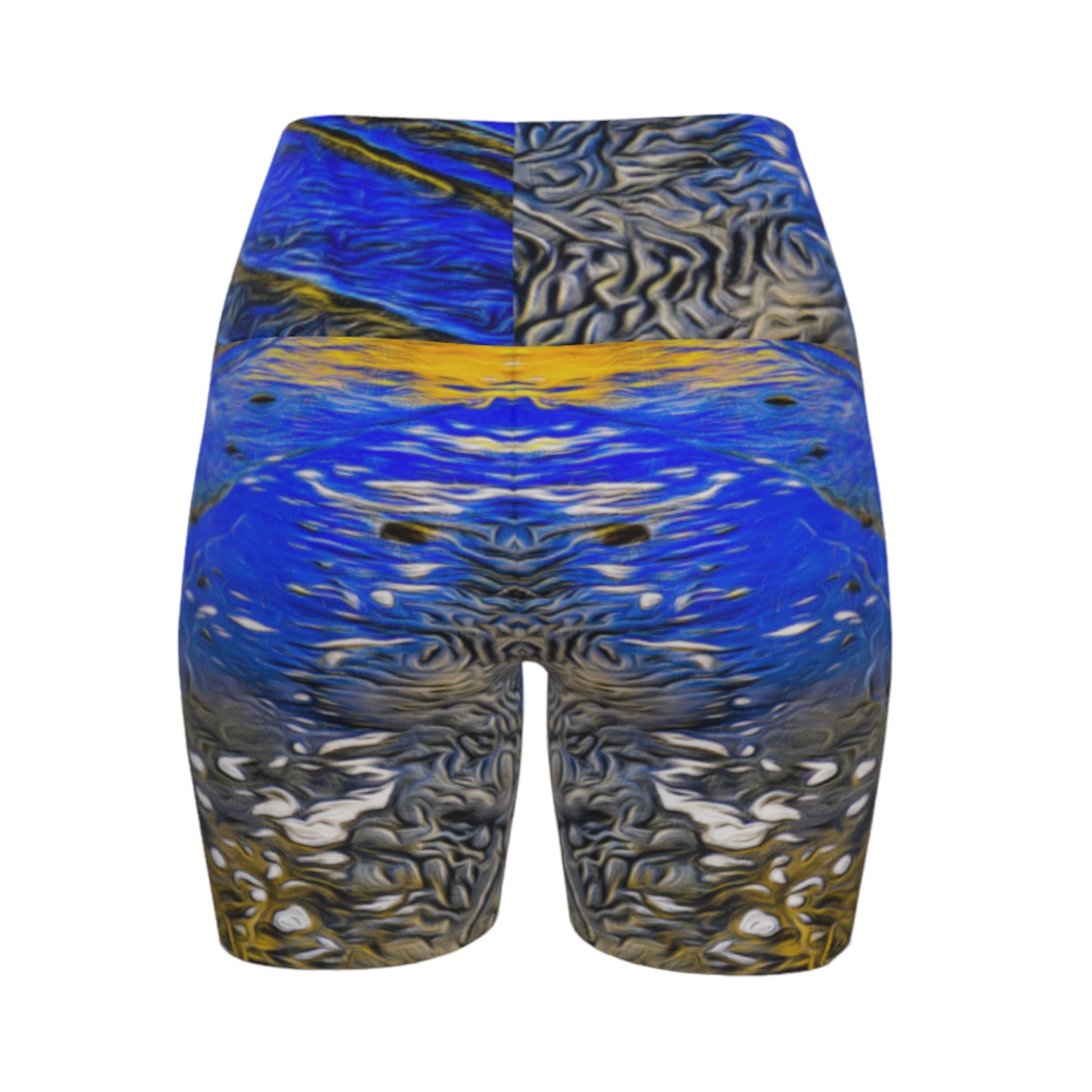 Back side Ebb and Flow All over print yoga shorts.  The shorts feature a image of the ocean water at low tide on Parksville Beach.  the blue sky and the sun is reflecting on the water as the waves gently ripple across the sand.  A painterly effect was added to create a artistic effect.