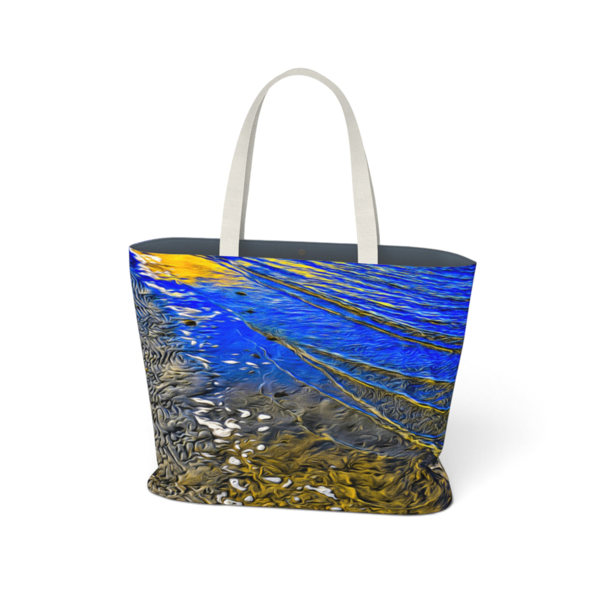 A tote bag featuring an abstract watercolor print of blue, gold, and gray ripples, with solid white shoulder straps, shown on a clean white background.