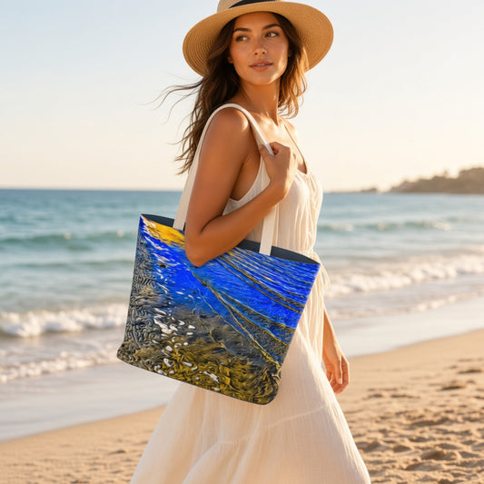 A woman on a sandy beach wearing a straw hat and white dress carries a large tote bag printed with an abstract blue, yellow, and gray pattern resembling water and reflections.