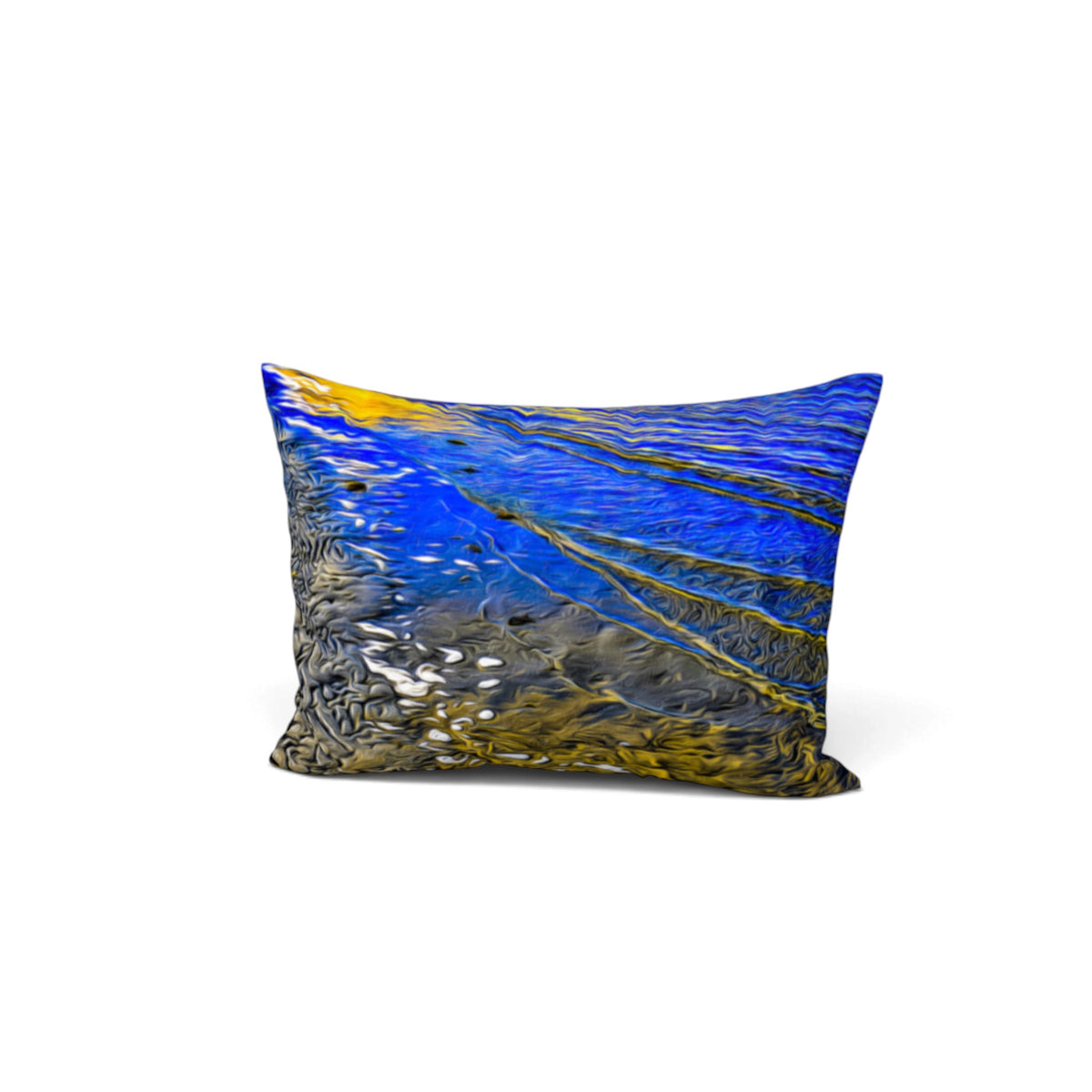 A square decorative throw pillow featuring an abstract water reflection print with vibrant blue, gold, and gray tones, shown on a plain white background.