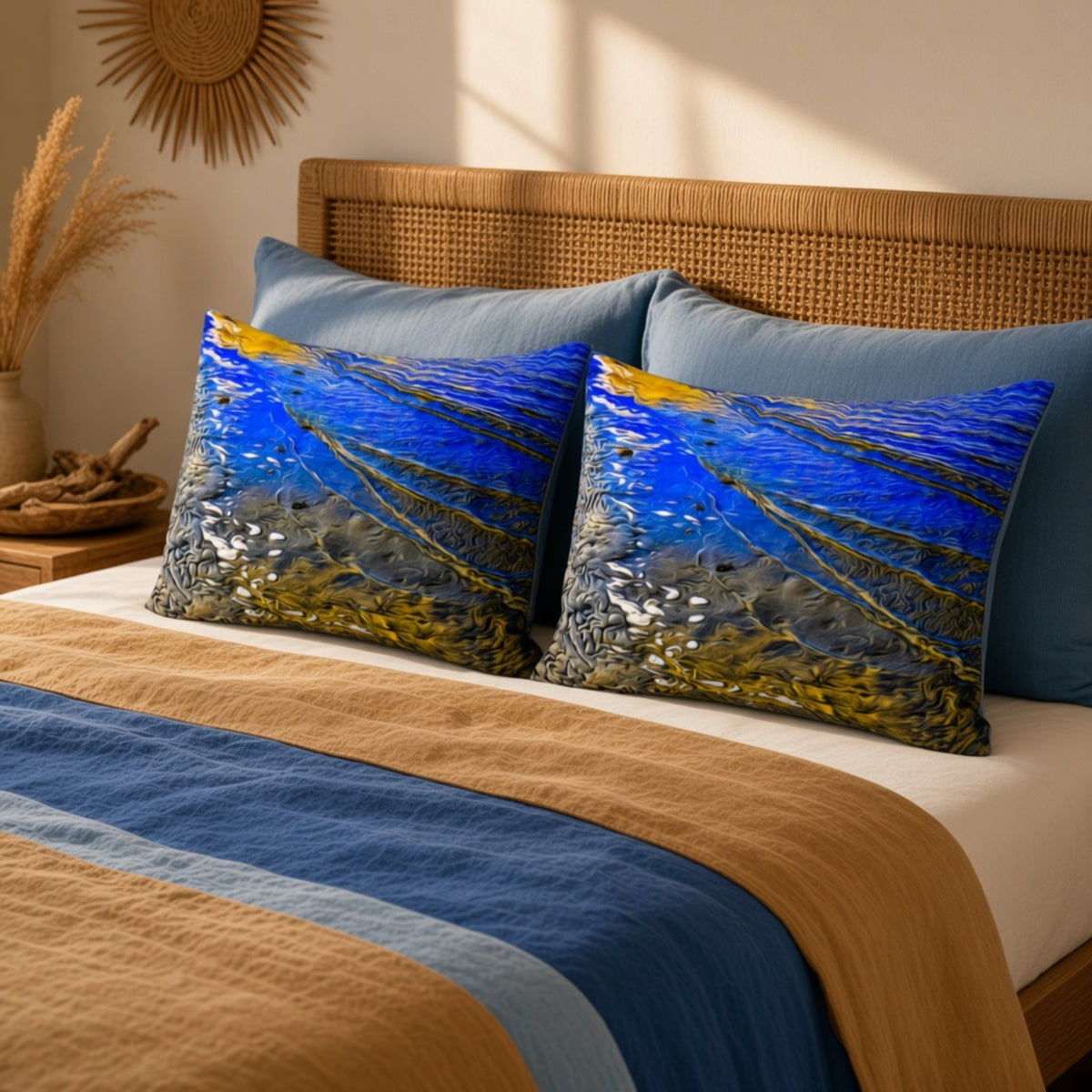 A styled bed with two square decorative pillows featuring a vivid blue and yellow abstract water or forest-like print, layered over solid blue and beige bedding in a warm, sunlit bedroom.