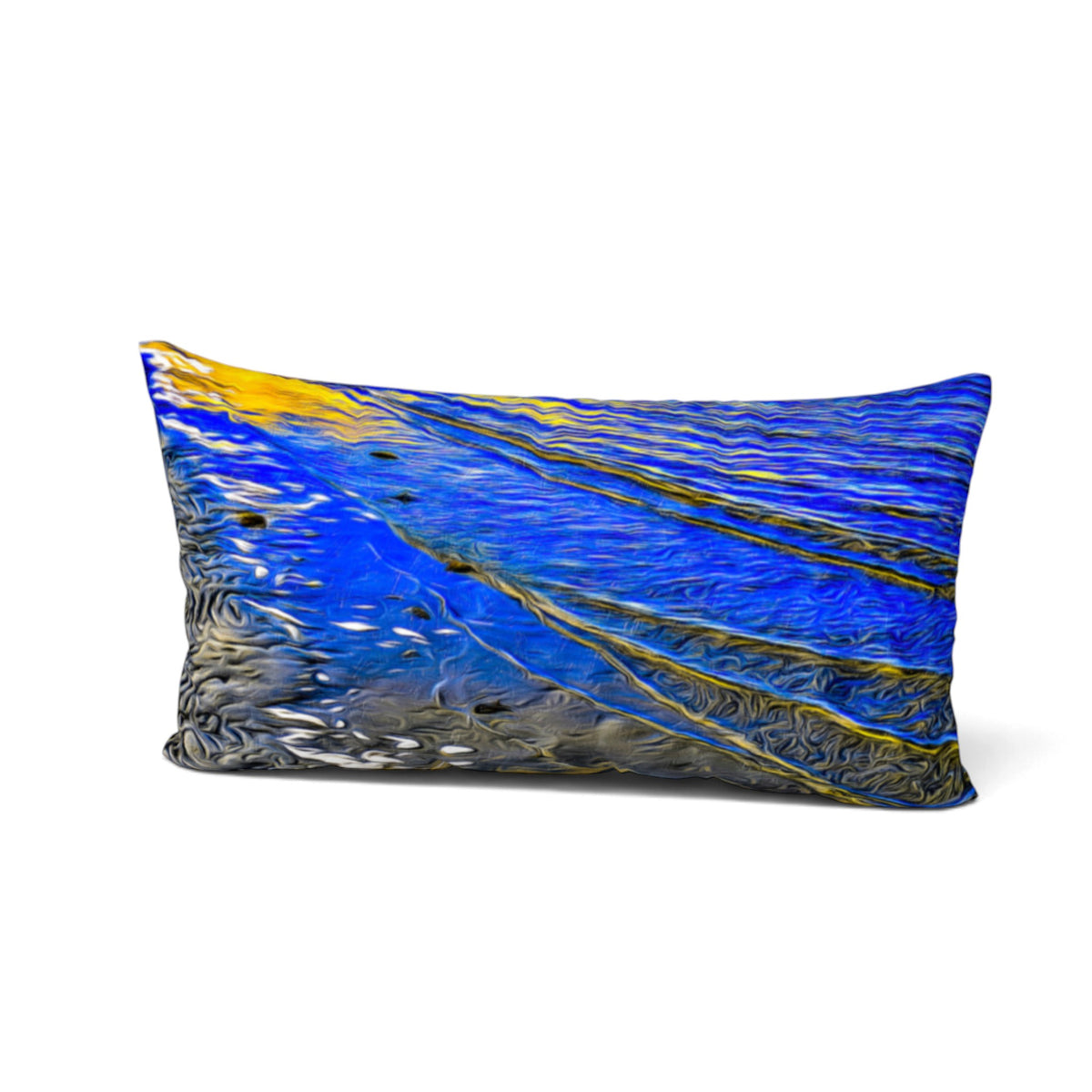 A rectangular lumbar bed pillow featuring an abstract, textured print of blue water with gold and black ripples, shown on a clean white background.
