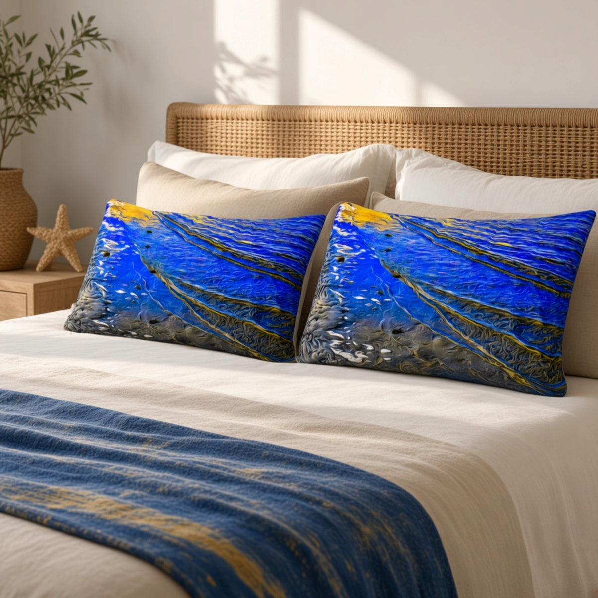 Two square decorative throw pillows with an abstract blue and gold wave-like pattern, styled on a bed with white linens and a woven headboard in a warm, sunlit bedroom.